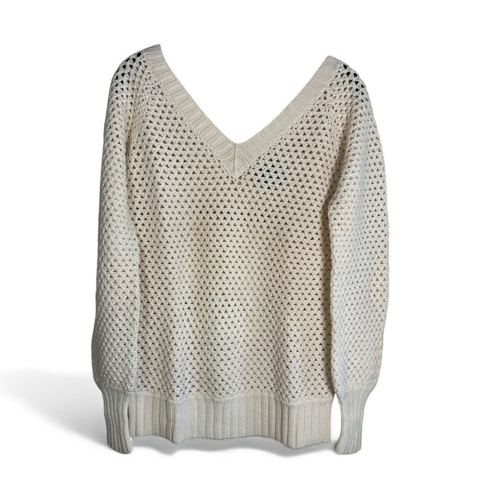 Theory Open Weave Knit V-Neck Sweater Women's S Cream AS-IS Flawed
